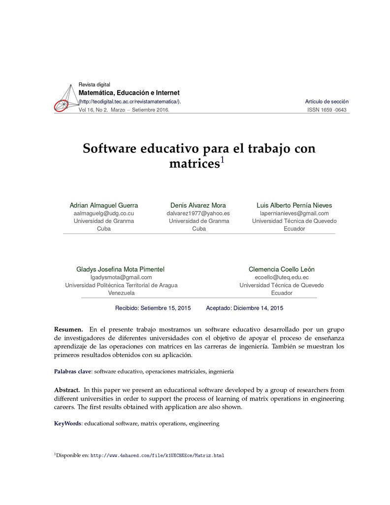 Software educativo para el trabajo con matrices