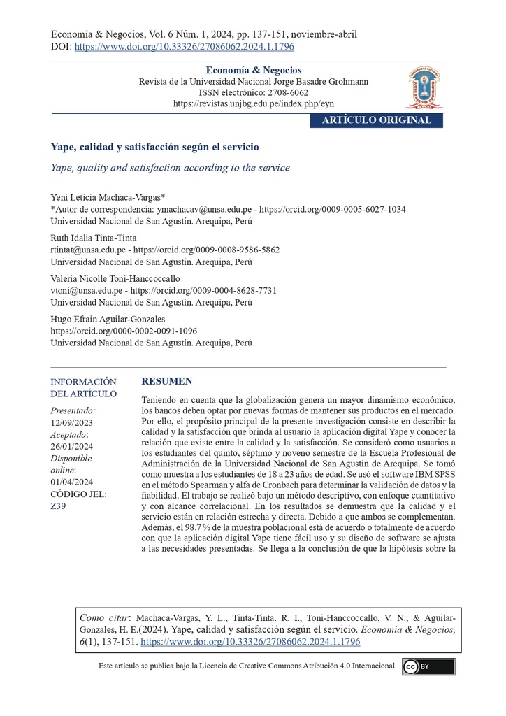 Yape, calidad y satisfacción según el servicio