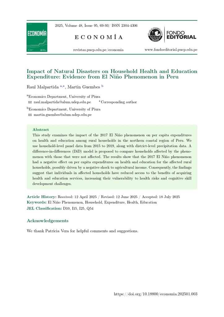 Impact of Natural Disasters on Household Health and Education Expenditure: Evidence from El Niño Phenomenon in Peru