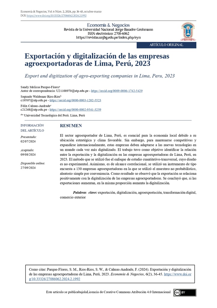 Exportación y digitalización de las empresas agroexportadoras de Lima, Perú, 2023