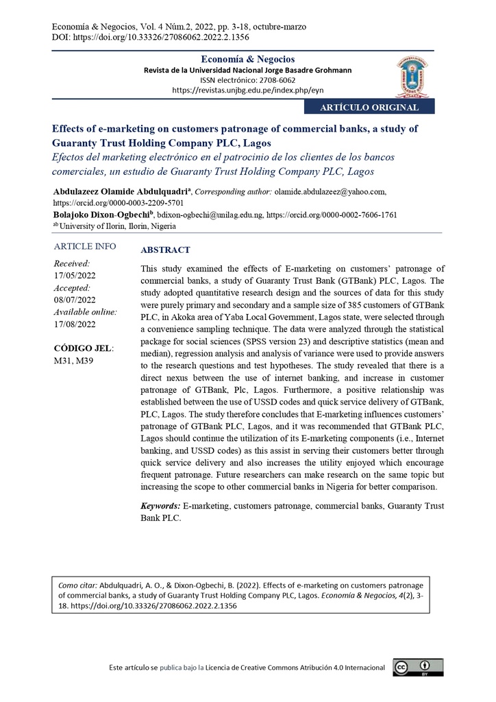 Effects of e-marketing on customers patronage of commercial banks, a study of Guaranty Trust Holding Company PLC, Lagos