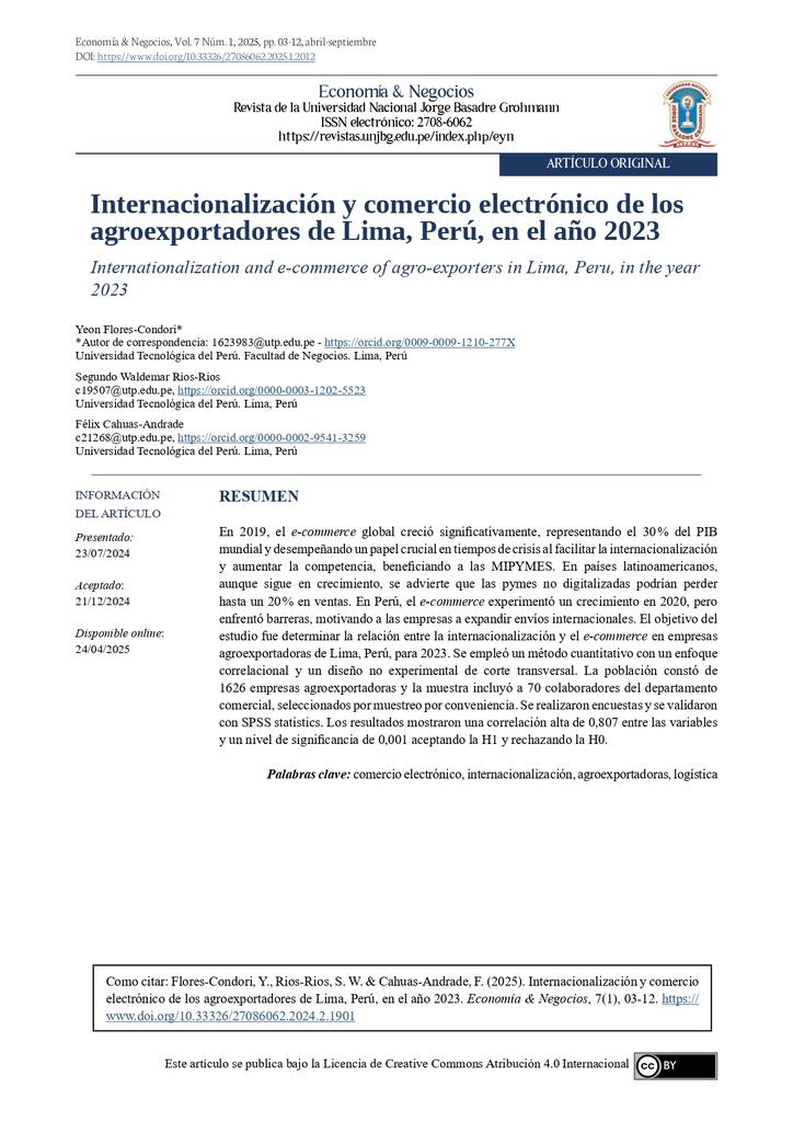 Internacionalización y comercio electrónico de los agroexportadores de Lima, Perú, en el año 2023