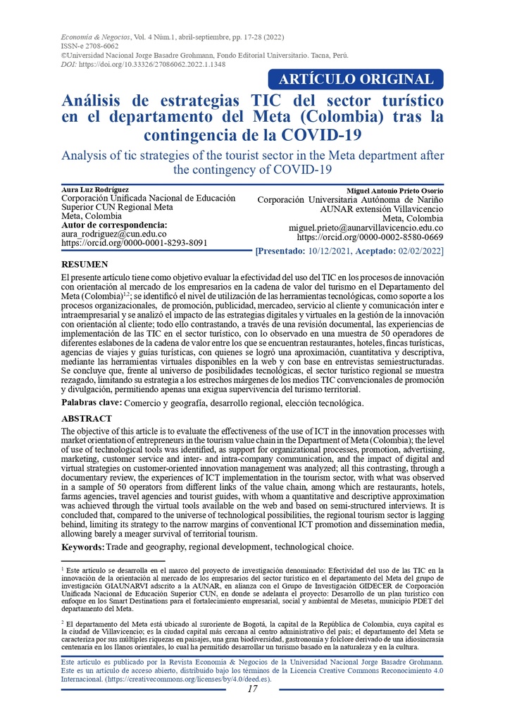 Análisis de estrategias TIC del sector turístico en el departamento del Meta (Colombia) tras la contingencia de la COVID-19