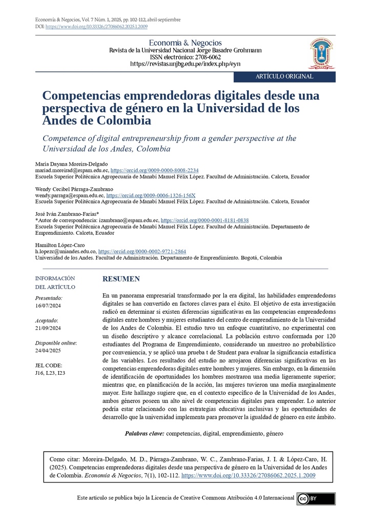 Competencias emprendedoras digitales desde una perspectiva de género en la Universidad de Los Andes de Colombia