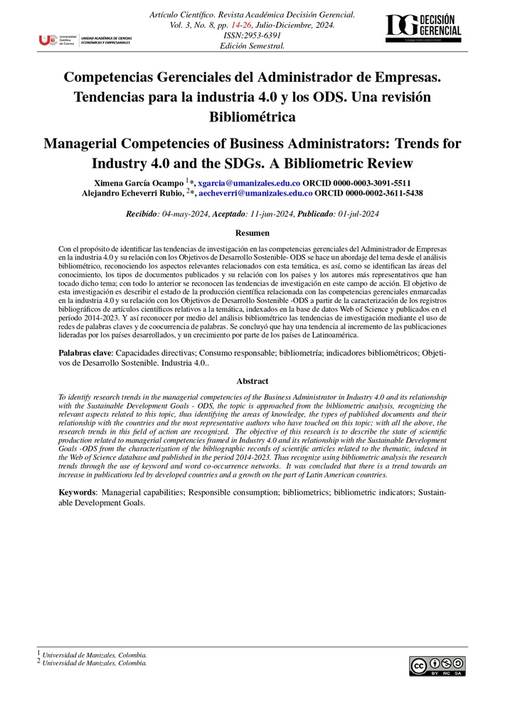 Competencias gerenciales del administrador de empresas. Tendencias para la industria 4.0 y los ods. Una revisión bibliométrica