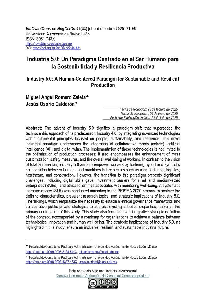 Industria 5.0: Un Paradigma Centrado en el Ser Humano para la Sostenibilidad y Resiliencia Productiva