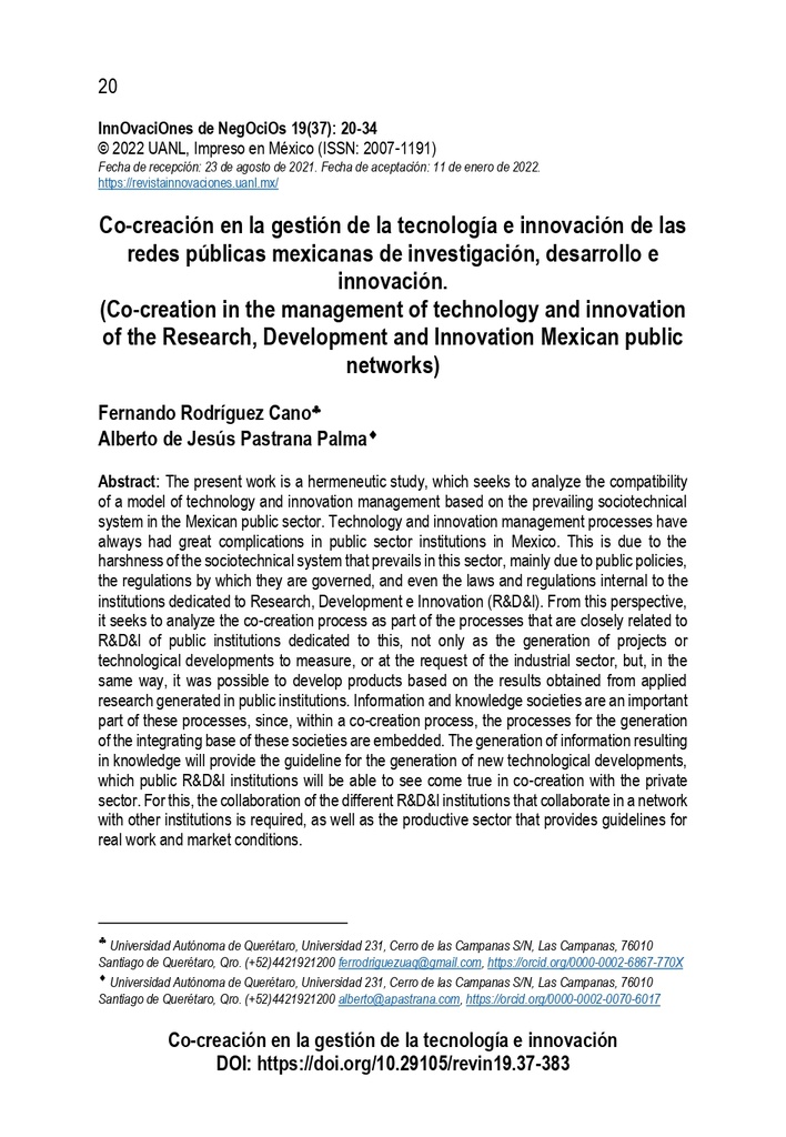 Co-creación en la gestión de la tecnológica e innovación de las redes públicas mexicanas de investigación, desarrollo e innovación