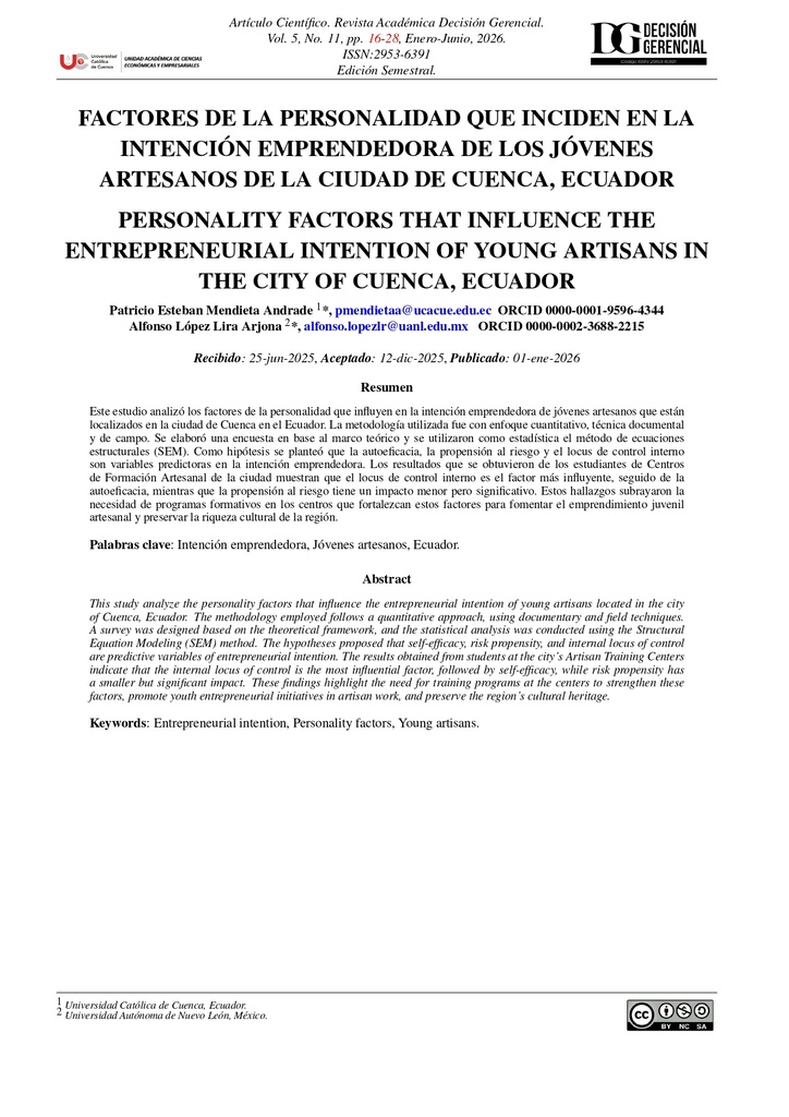Factores de la personalidad que inciden en la intención emprendedora de los jóvenes artesanos de la ciudad de Cuenca, Ecuador