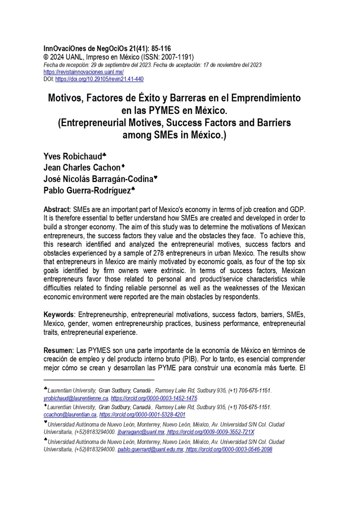 Motivos, Factores de Éxito y Barreras en el Emprendimiento en las PYMES en México