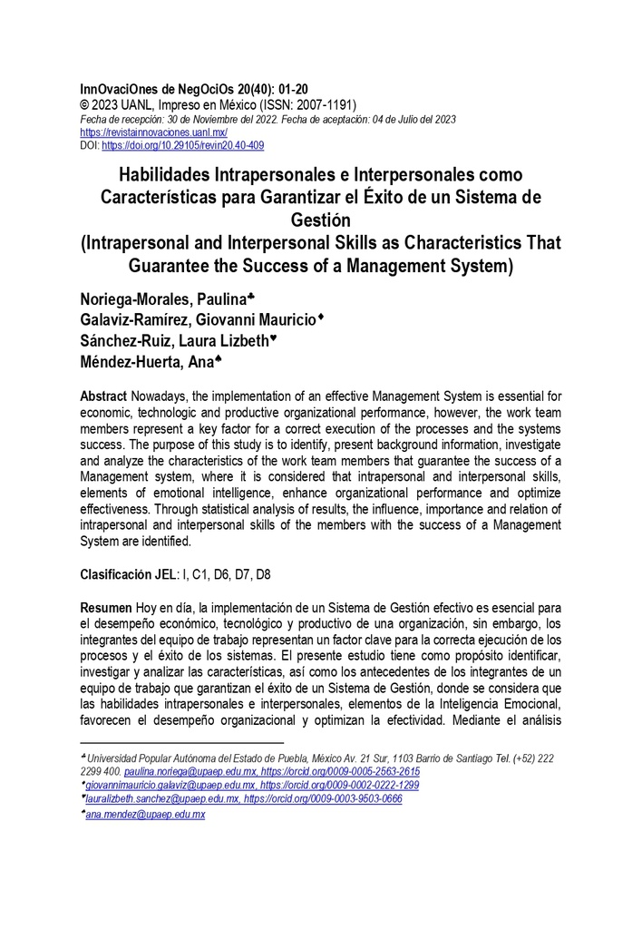 Habilidades Intrapersonales e Interpersonales como Características para Garantizar el Éxito de un Sistema de Gestión