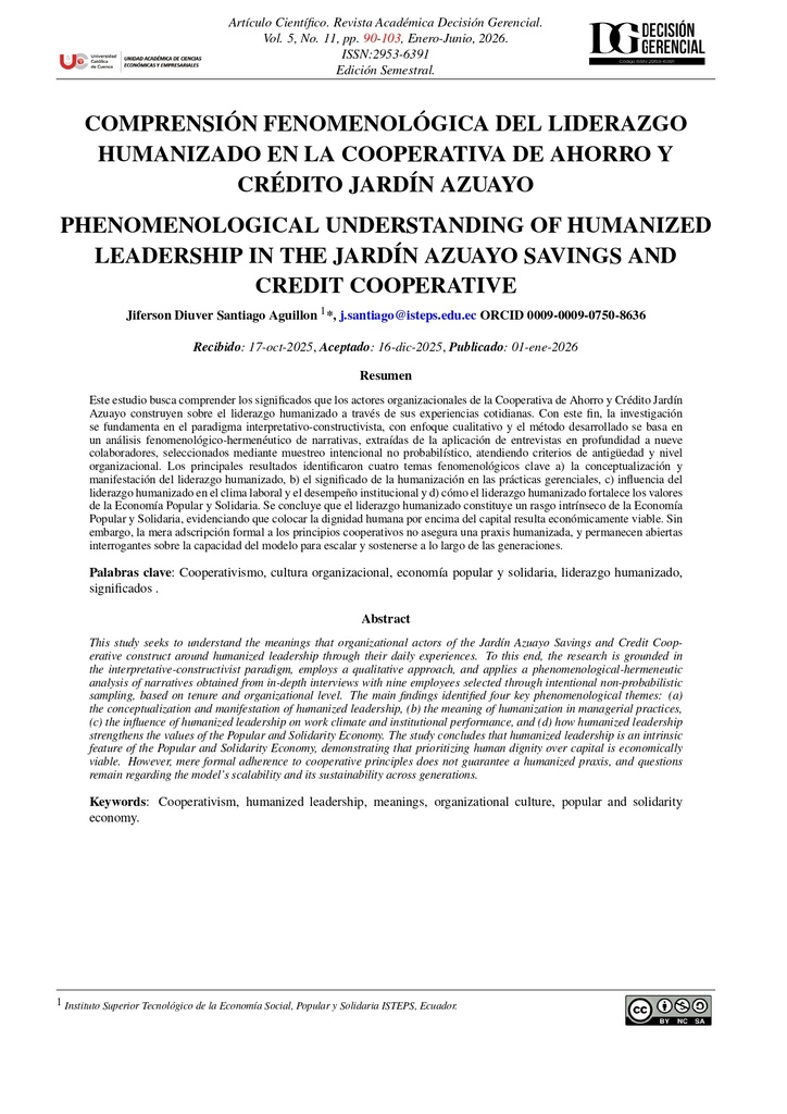 Comprensión fenomenológica del liderazgo humanizado en la Cooperativa de Ahorro y Crédito Jardín Azuayo.