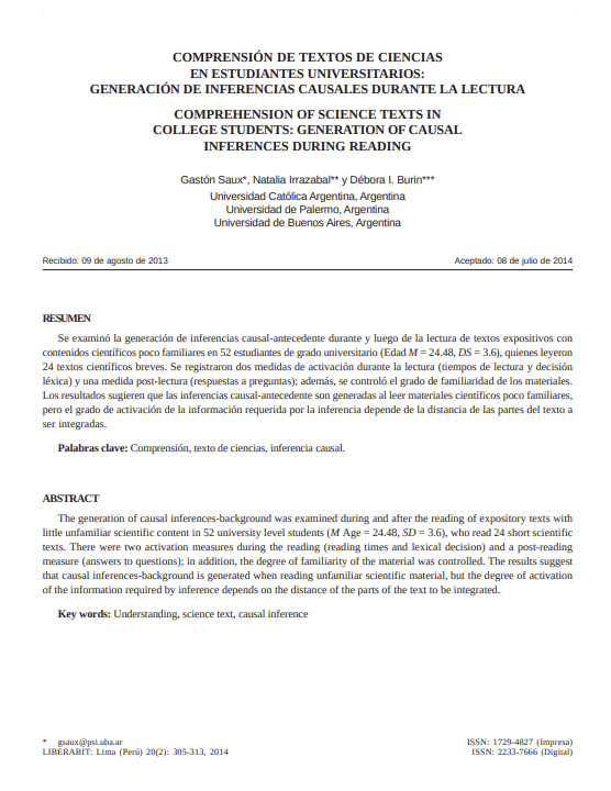 COMPRENSIÓN DE TEXTOS DE CIENCIAS EN ESTUDIANTES UNIVERSITARIOS