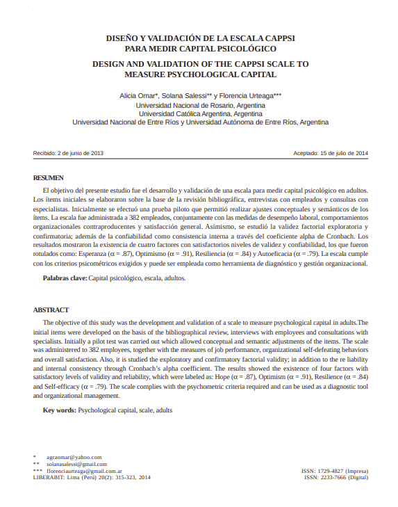 DISEÑO Y VALIDACIÓN DE LA ESCALA CAPPSI PARA MEDIR CAPITAL PSICOLÓGICO