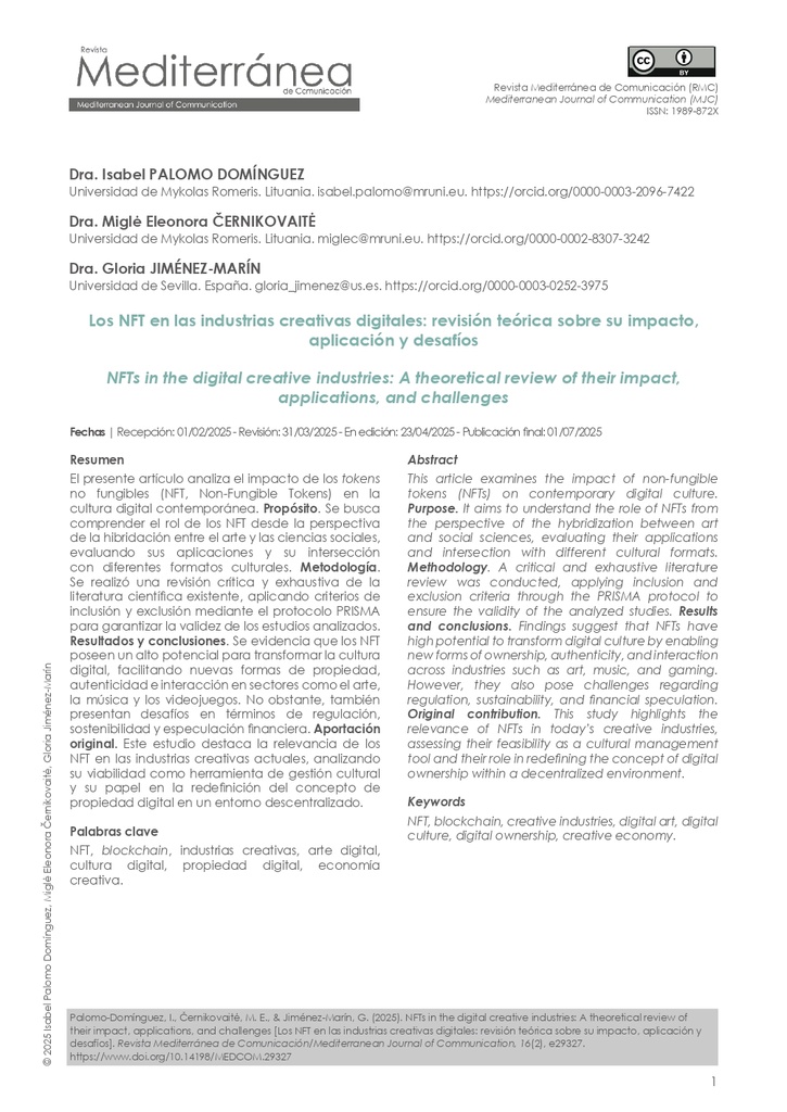 Los NFT en las industrias creativas digitales: revisión teórica sobre su impacto, aplicación y desafíos