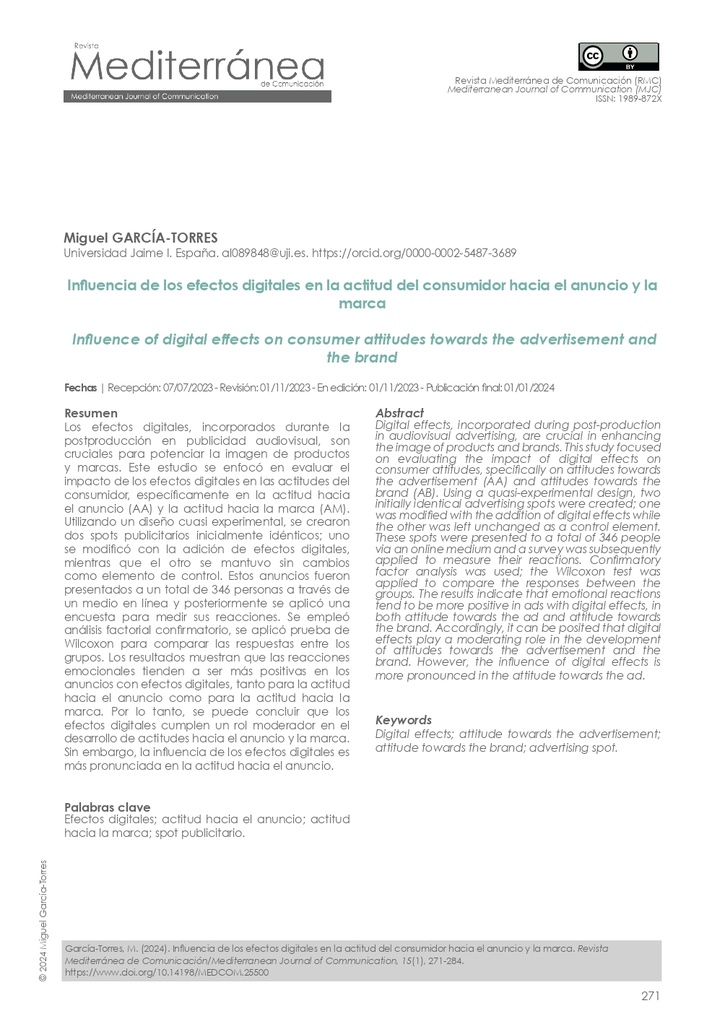 Influencia de los efectos digitales en la actitud del consumidor hacia el anuncio y la marca