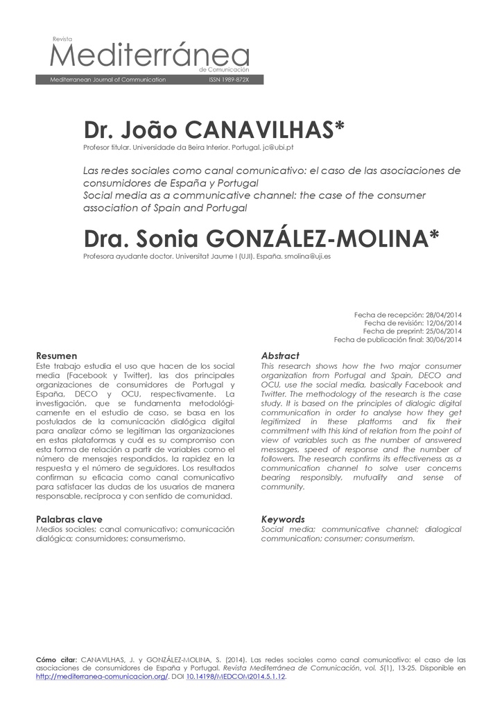 Las redes sociales como canal comunicativo: el caso de las asociaciones de consumidores de España y Portugal
