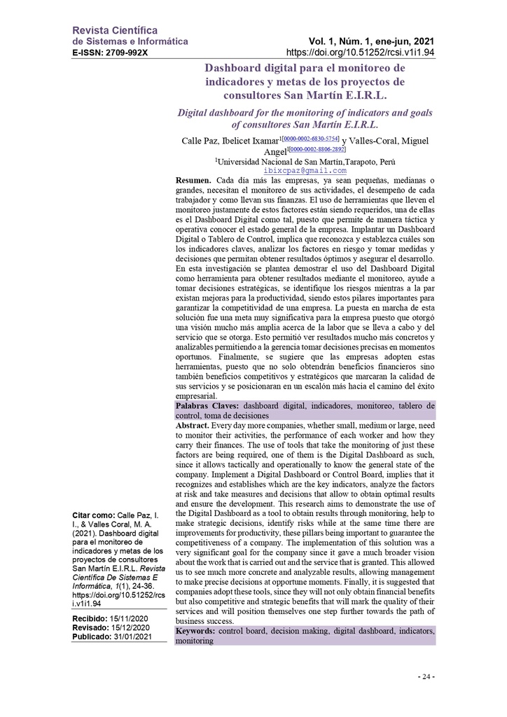 Digital dashboard for the monitoring of indicators and goals of consultores San Martín E.I.R.L