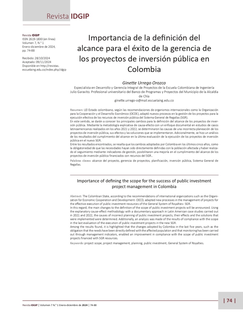Importancia de la definición delalcance para el éxito de la gerencia delos proyectos de inversión pública enColombia