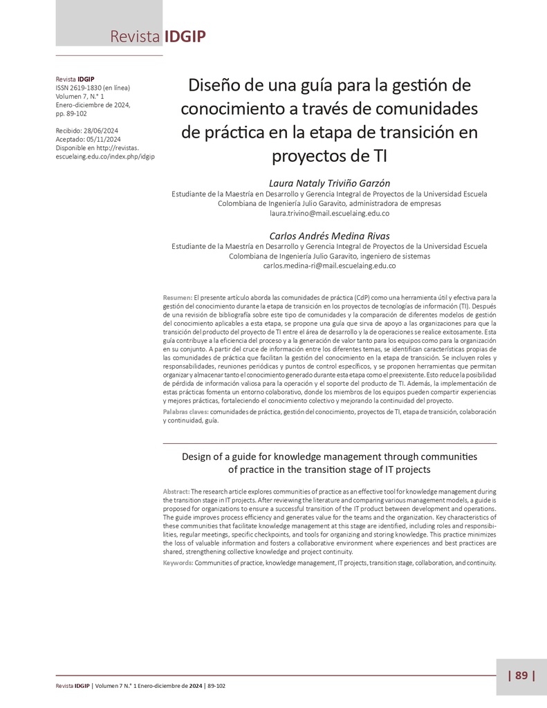 Diseño de una guía para la gestión deconocimiento a través de comunidadesde práctica en la etapa de transición enproyectos de TI