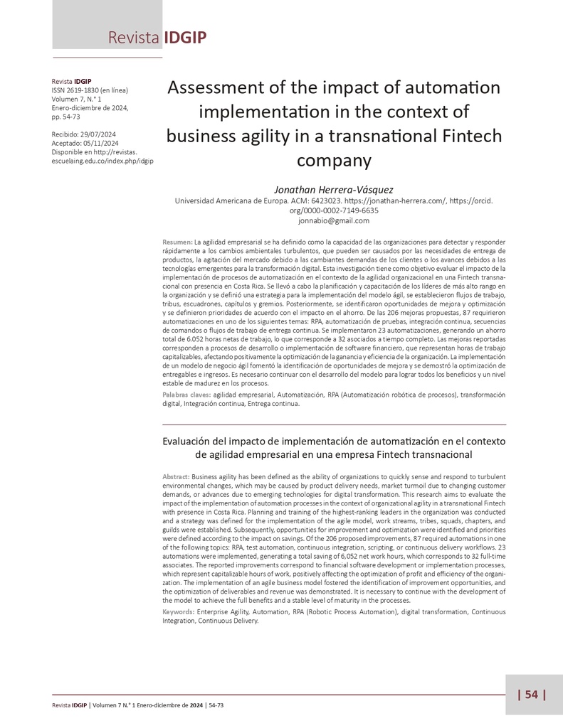 Assessment of the impact of automation implementation in the context of business agility in a transnational Fintech company
