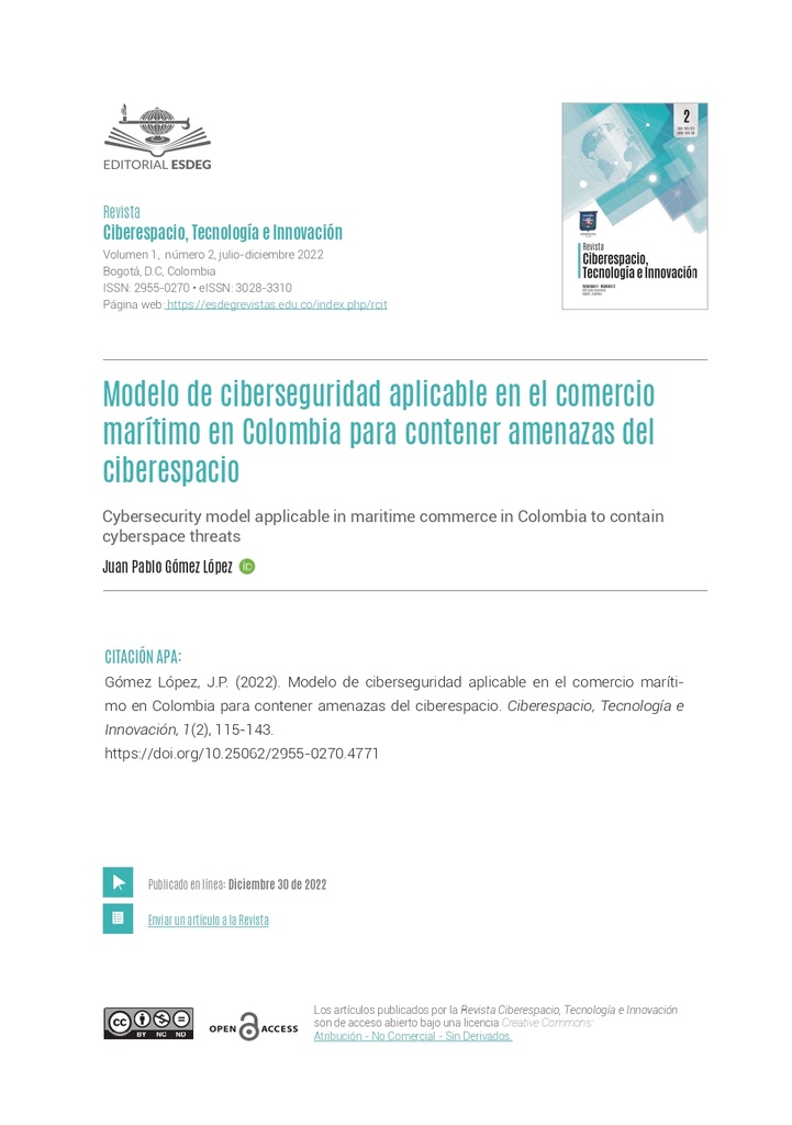 Modelo de ciberseguridad aplicable en el comercio marítimo en Colombia para contener amenazas del ciberespacio