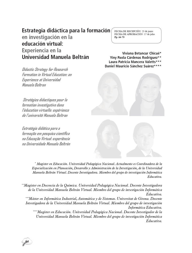 Estrategia didáctica para la formación en investigación en la educación virtual: Experiencia en la Universidad Manuela Beltrán