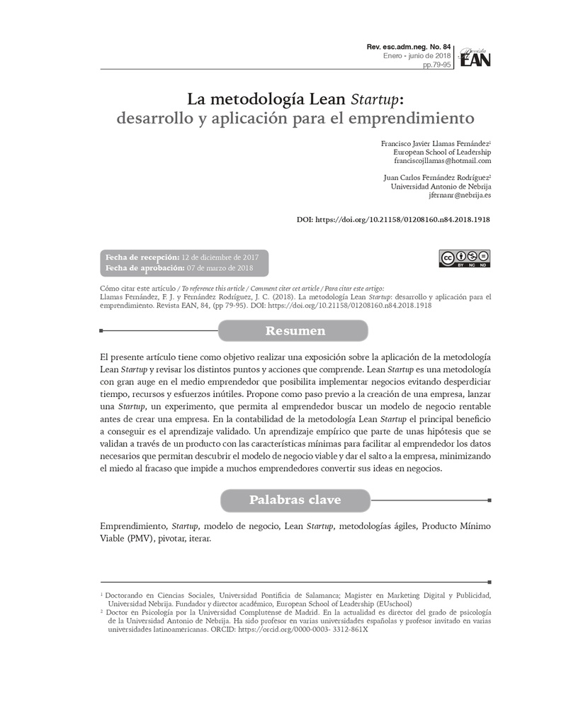 La metodología Lean startup: desarrollo y aplicación para el emprendimiento