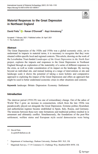 Material Responses to the Great Depression in Northeast England