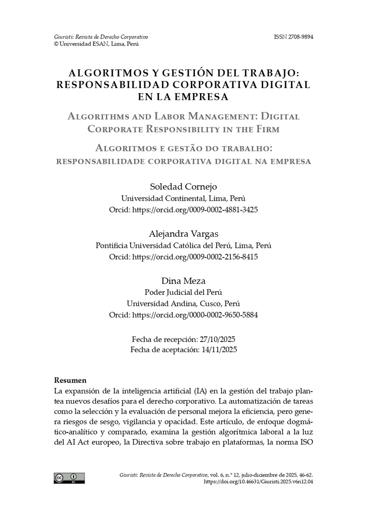 Algoritmos y gestión del trabajo: responsabilidad corporativa digital en la empresa