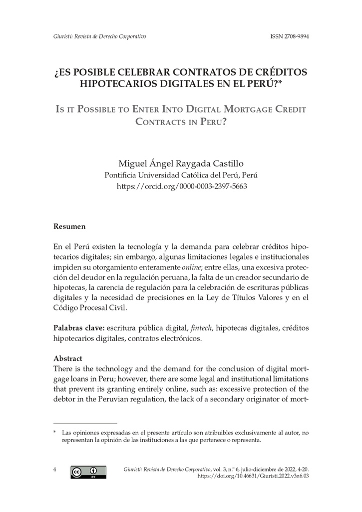 ¿Es posible celebrar contratos de créditos hipotecarios digitales en el Perú?*