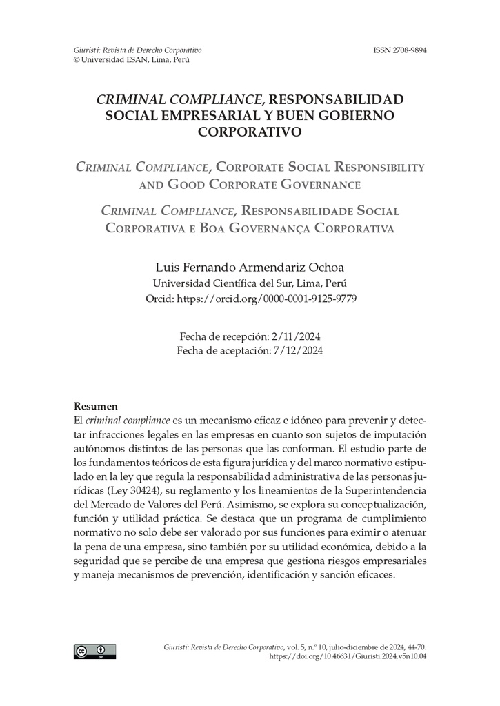 Criminal compliance, responsabilidad social empresarial y buen gobierno corporativo