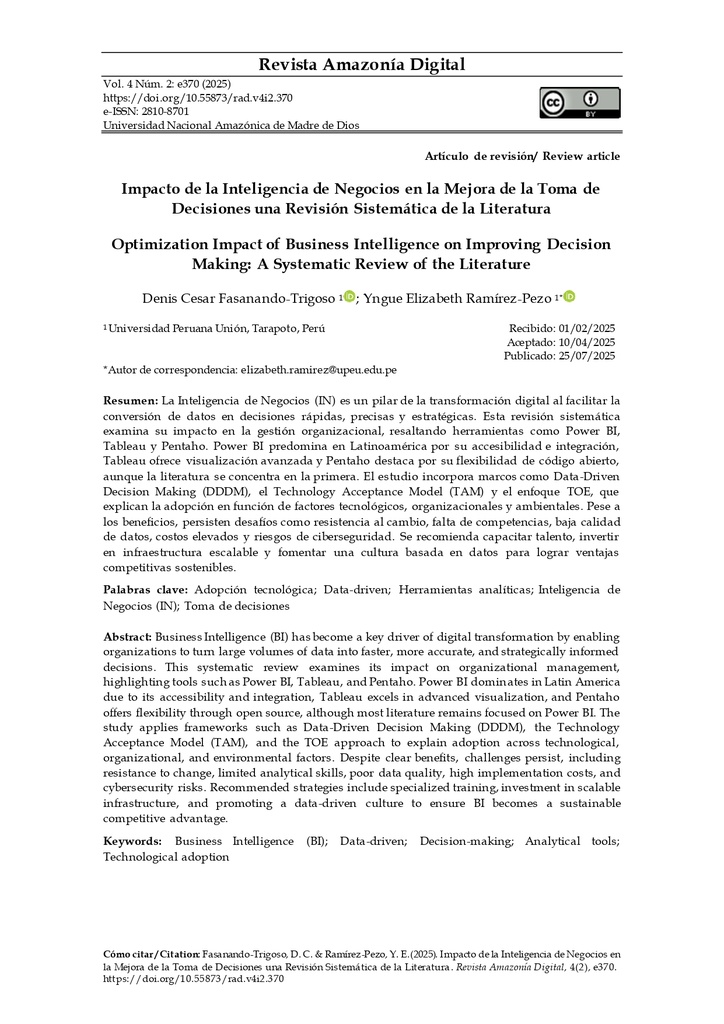 Impacto de la Inteligencia de Negocios en la Mejora de la Toma de Decisiones una Revisión Sistemática de la Literatura