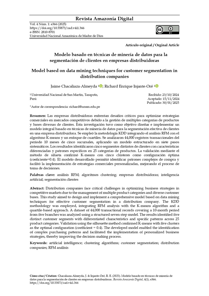 Modelo basado en técnicas de minería de datos para la segmentación de clientes en empresas distribuidoras