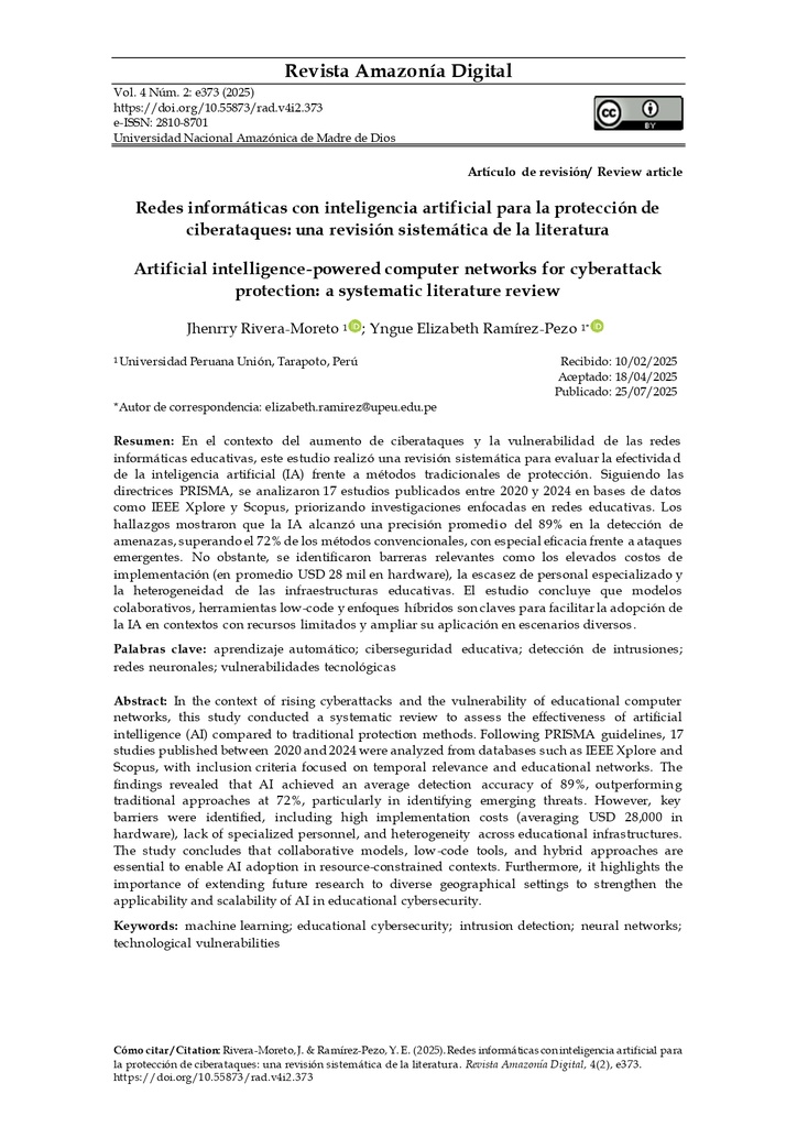 Redes informáticas con inteligencia artificial para la protección de ciberataques: una revisión sistemática de la literatura