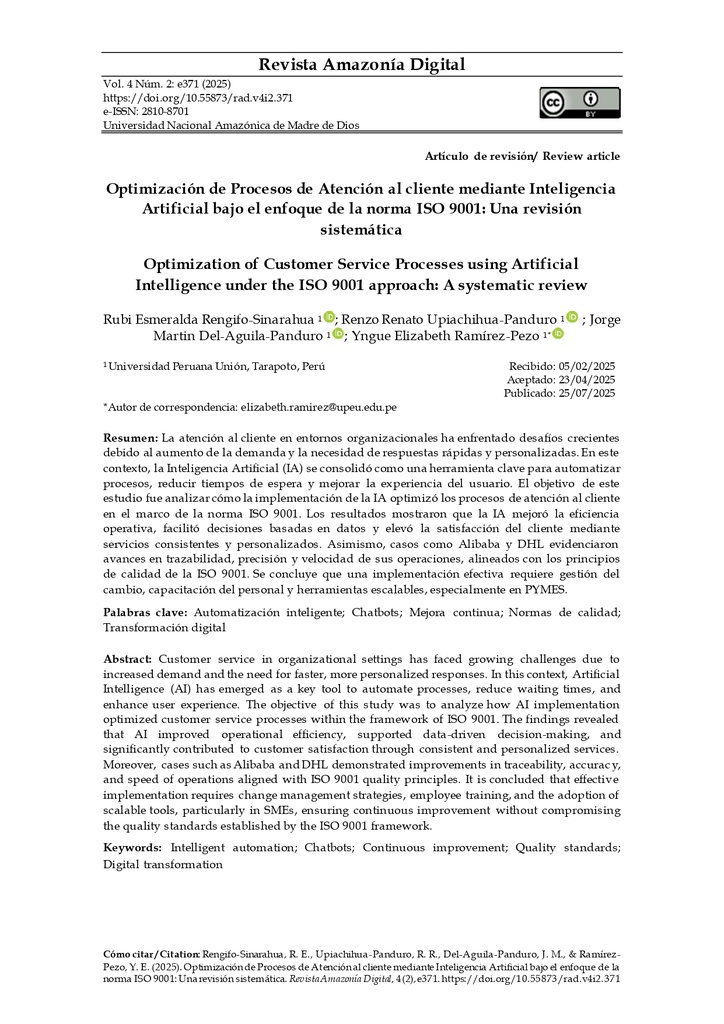 Optimización de Procesos de Atención al cliente mediante Inteligencia Artificial bajo el enfoque de la norma ISO 9001: Una revisión sistemática