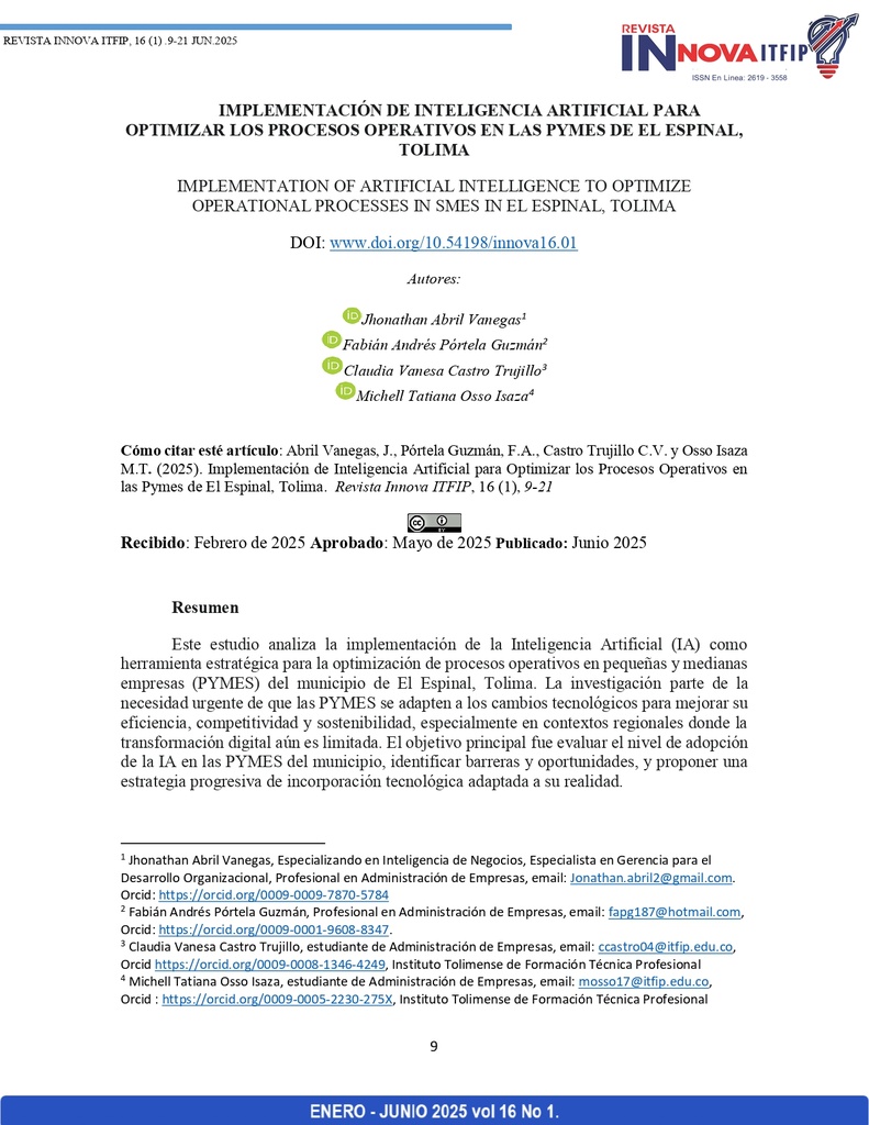 Implementación de inteligencia artificial para optimizar los procesos operativos en en las pymes de El Espinal, Tolima