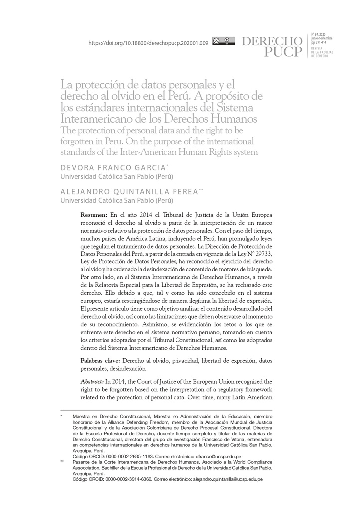 La protección de datos personales y el derecho al olvido en el Perú. A propósito de los estándares internacionales del Sistema Interamericano de los Derechos Humanos
