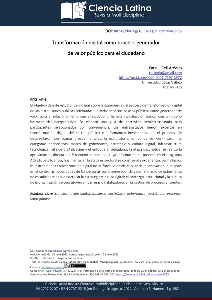 Transformación digital como proceso generador de valor público para el ciudadano