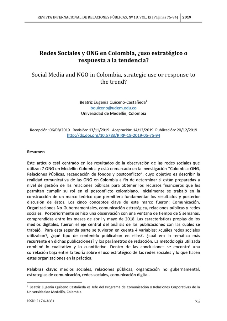 Redes Sociales y ONG en Colombia ¿uso estratégico o respuesta a la tendencia?