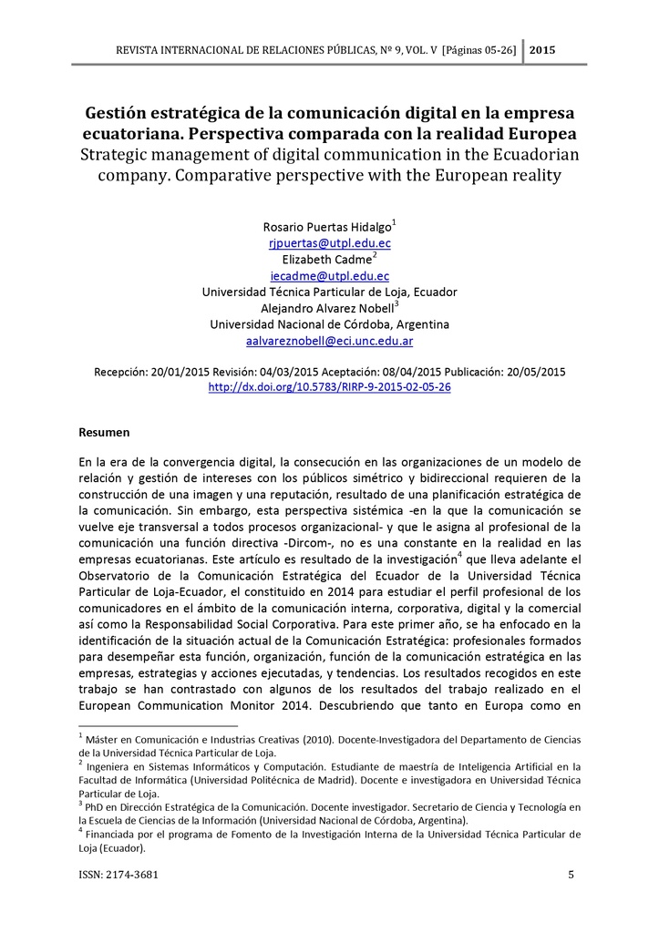Gestión estratégica de la comunicación digital en la empresa ecuatoriana. Perspectiva comparada con la realidad Europea