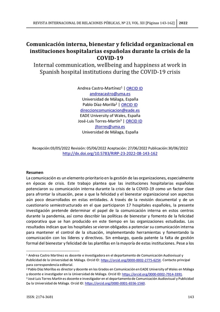 Comunicación interna, bienestar y felicidad organizacional en instituciones hospitalarias españolas durante la crisis de la COVID-19