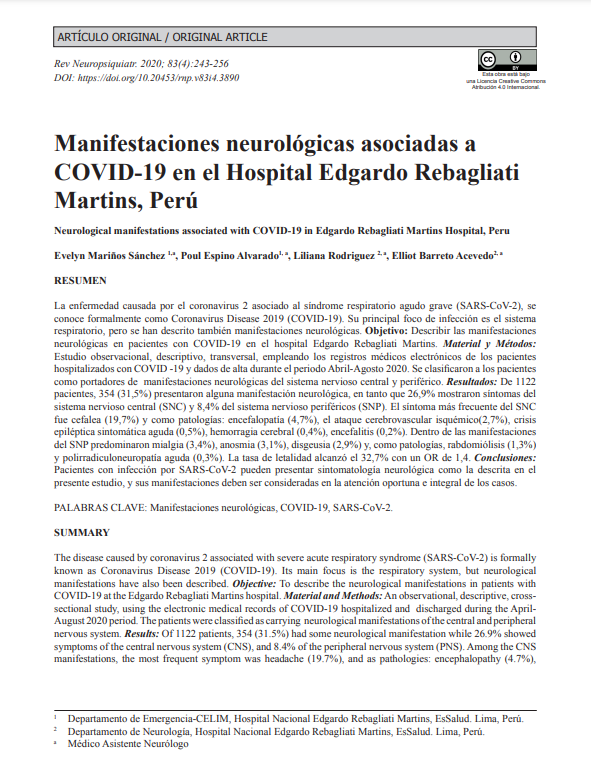 Manifestaciones neurológicas asociadas a COVID-19 en el Hospital Edgardo Rebagliati Martins, Perú