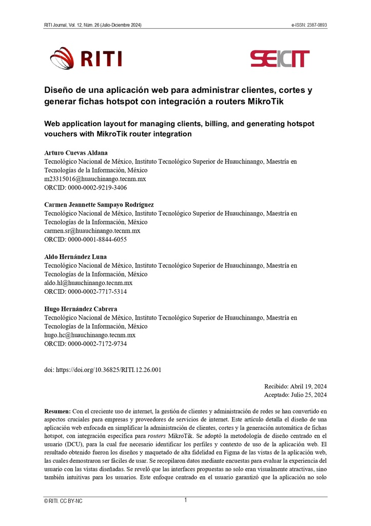 Diseño de una aplicación web para administrar clientes, cortes y generar fichas hotspot con integración a routers MikroTik