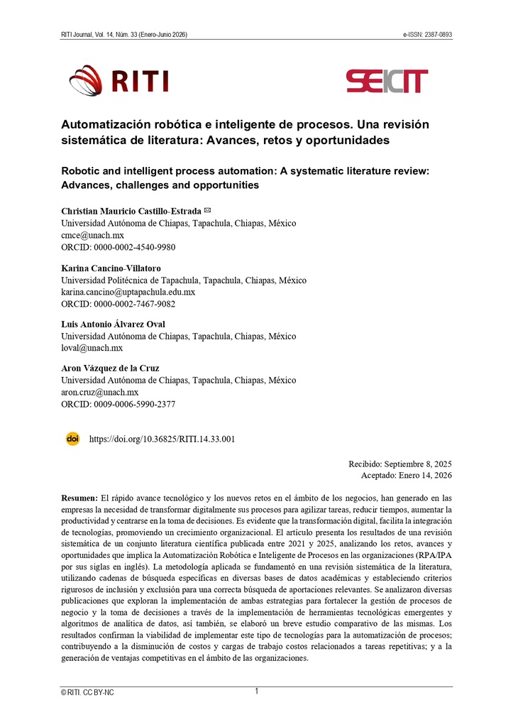 Automatización robótica e inteligente de procesos. Una revisión sistemática de literatura: Avances, retos y oportunidades