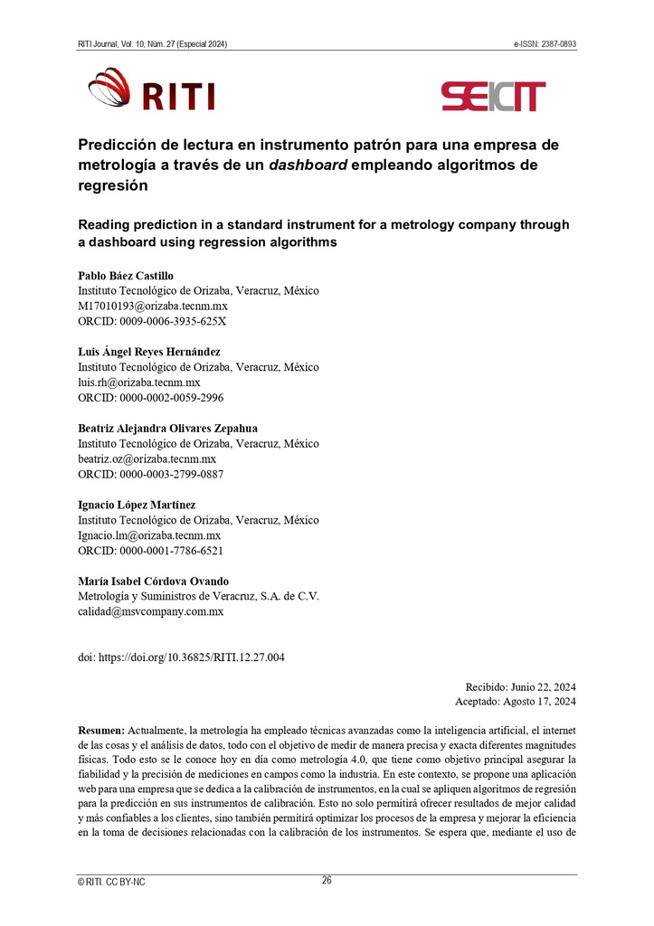 Predicción de lectura en instrumento patrón para una empresa de metrología a través de un dashboard empleando algoritmos de regresión