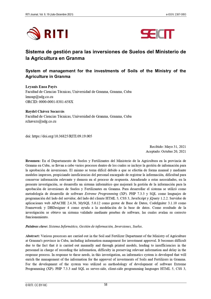 Sistema de gestión para las inversiones de Suelos del Ministerio de la Agricultura en Granma