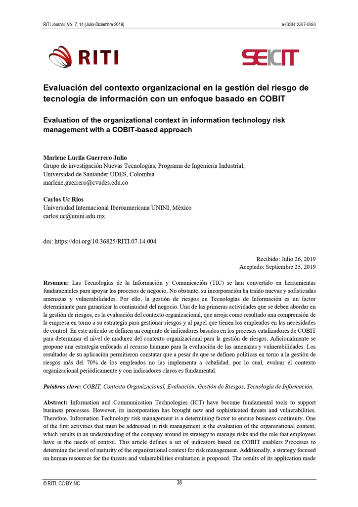 Evaluación del contexto organizacional en la gestión del riesgo de tecnología de información con un enfoque basado en COBIT