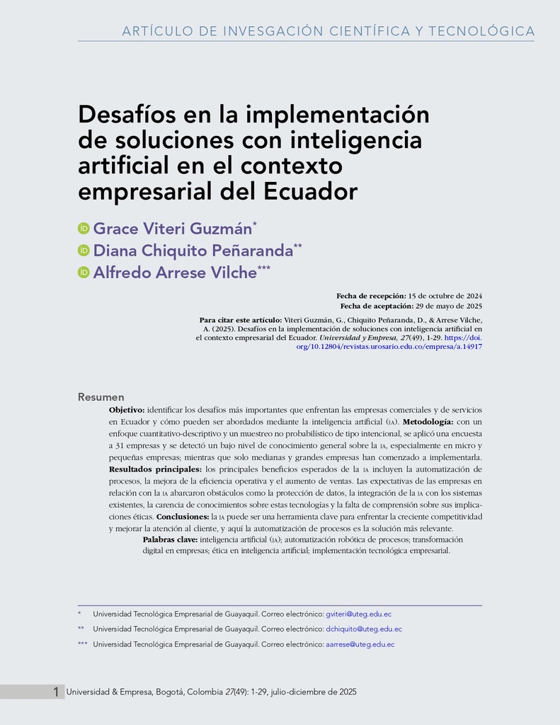 Desafíos en la implementación de soluciones con inteligencia artificial en el contexto empresarial del Ecuador