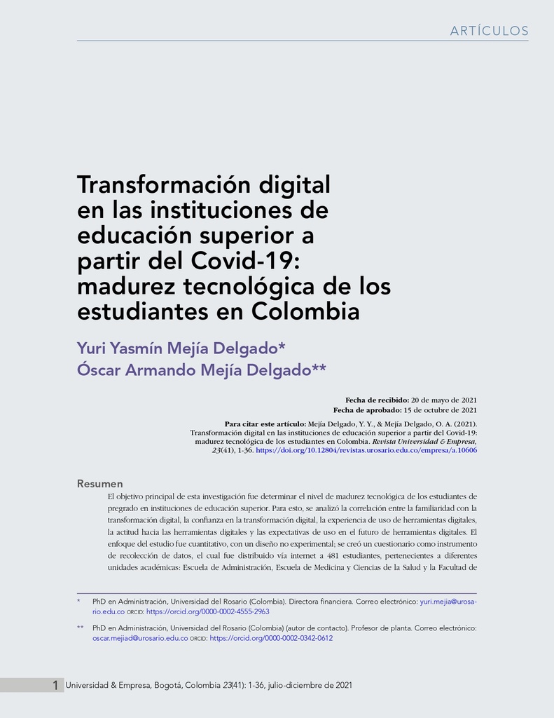 Transformación digital en las instituciones de educación superior a partir del Covid-19: madurez tecnológica de los estudiantes en Colombia