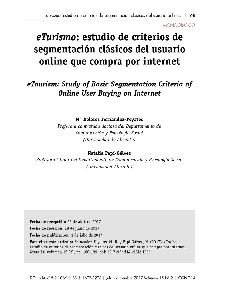 eTurismo: estudio de criterios de segmentación clásicos del usuario online que compra por internet